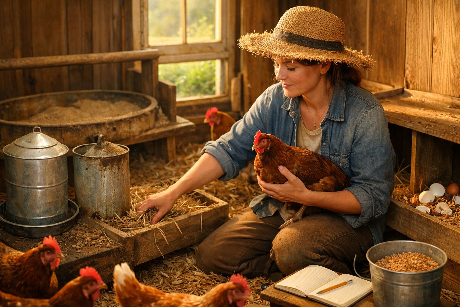 Mulher com chapéu de palha a segurar uma galinha dentro de um galinheiro rústico com várias galinhas.