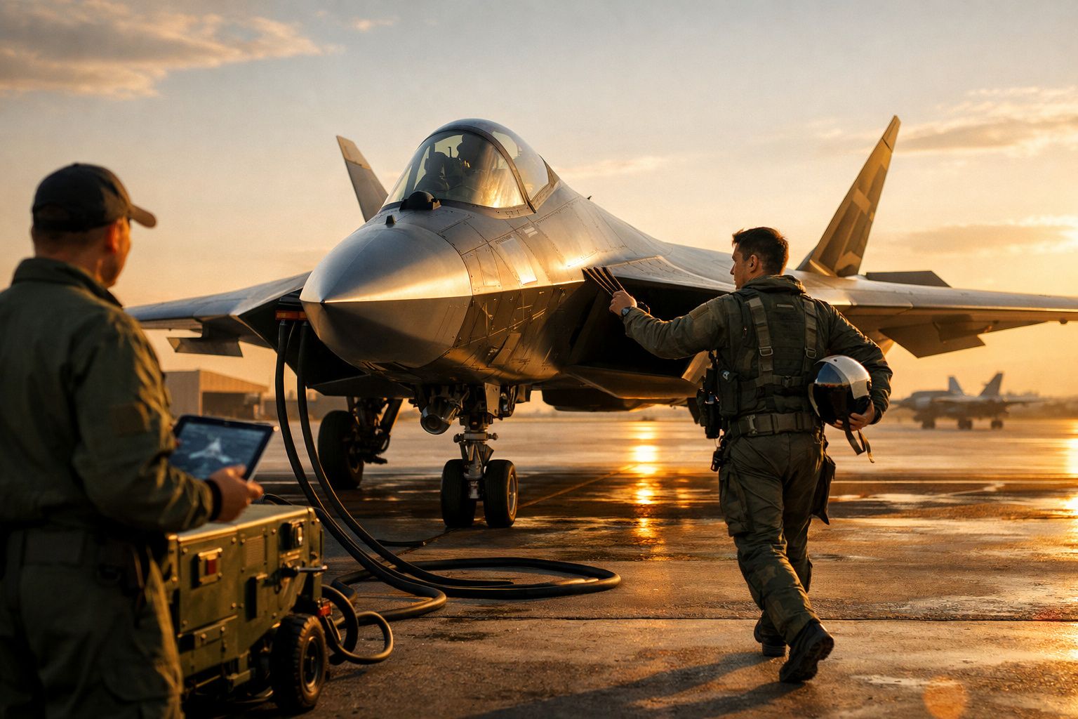 Caça militar no aeroporto ao pôr do sol com piloto a aproximar-se e técnico a operar equipamento.