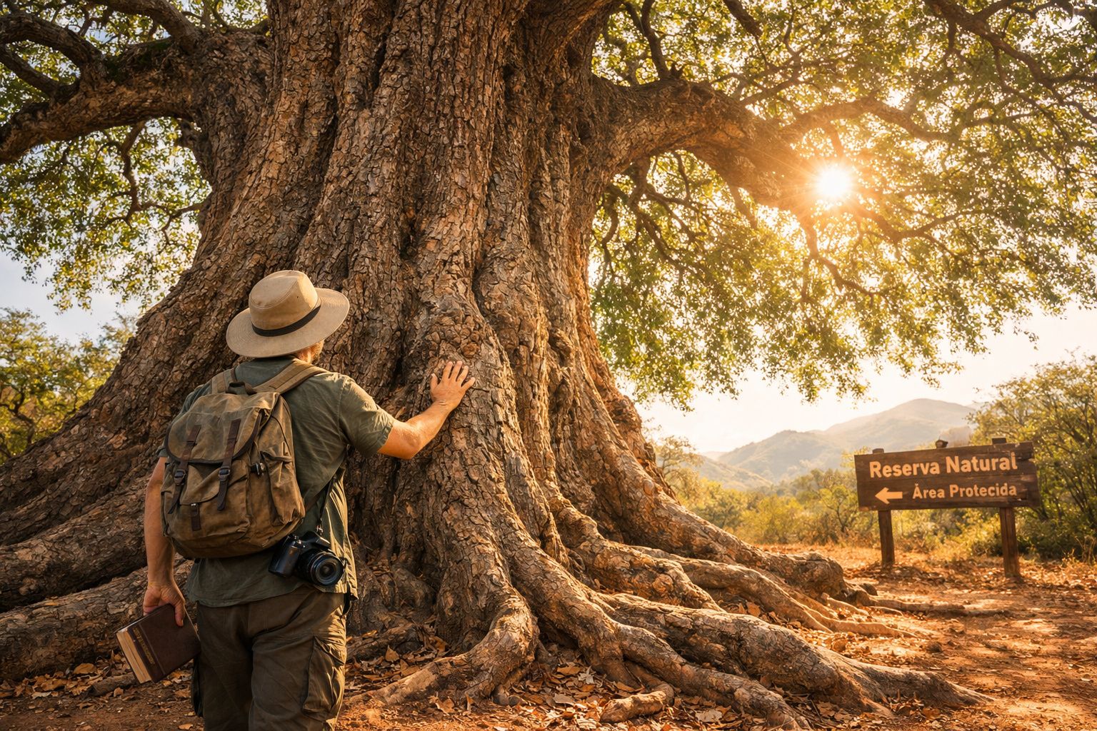 Homem com mochila e chapéu toca tronco de grande árvore no pôr do sol numa área protegida natural.