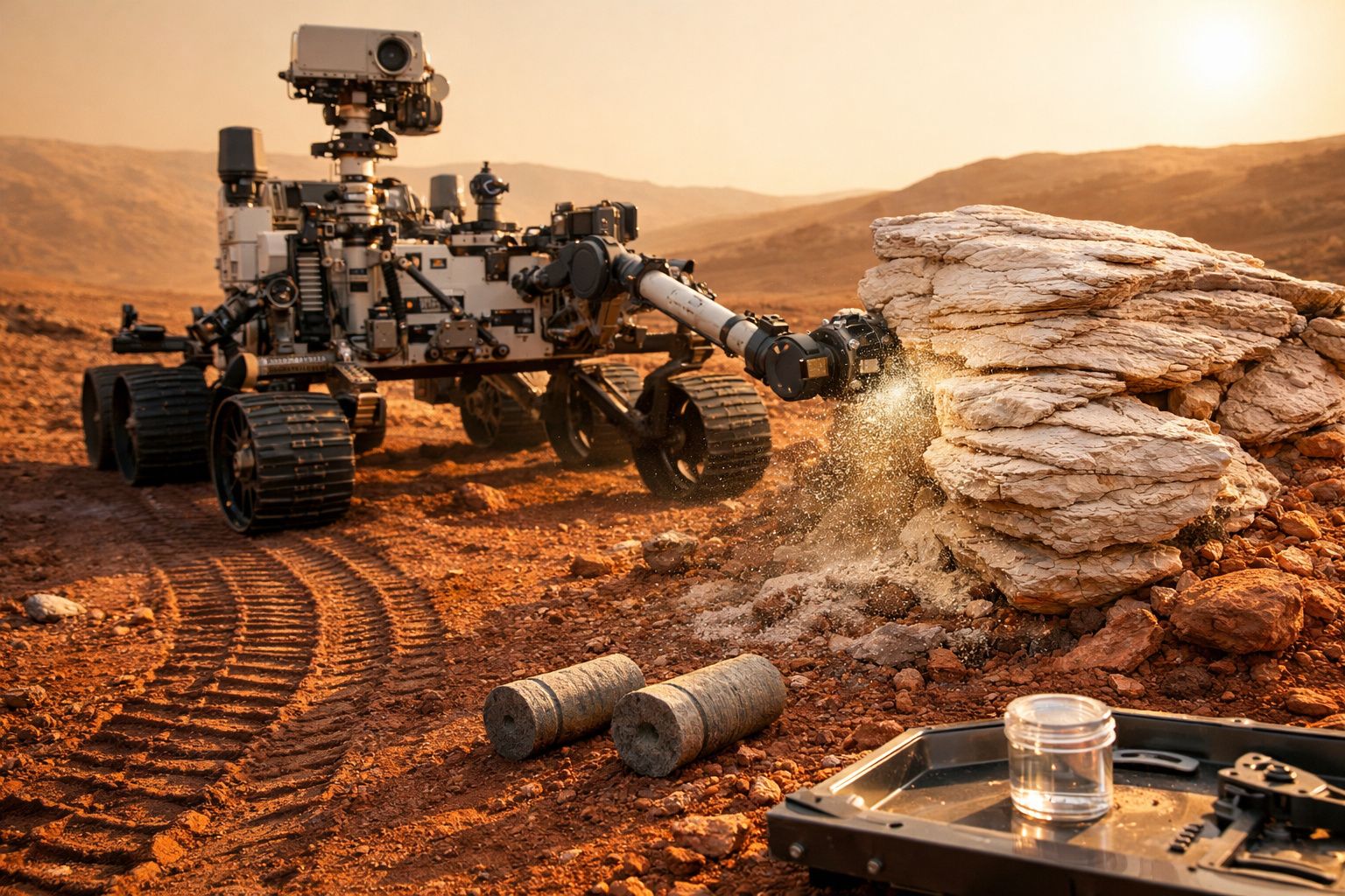 Rover espacial a recolher amostras de rochas num terreno árido e avermelhado com montanhas ao fundo.