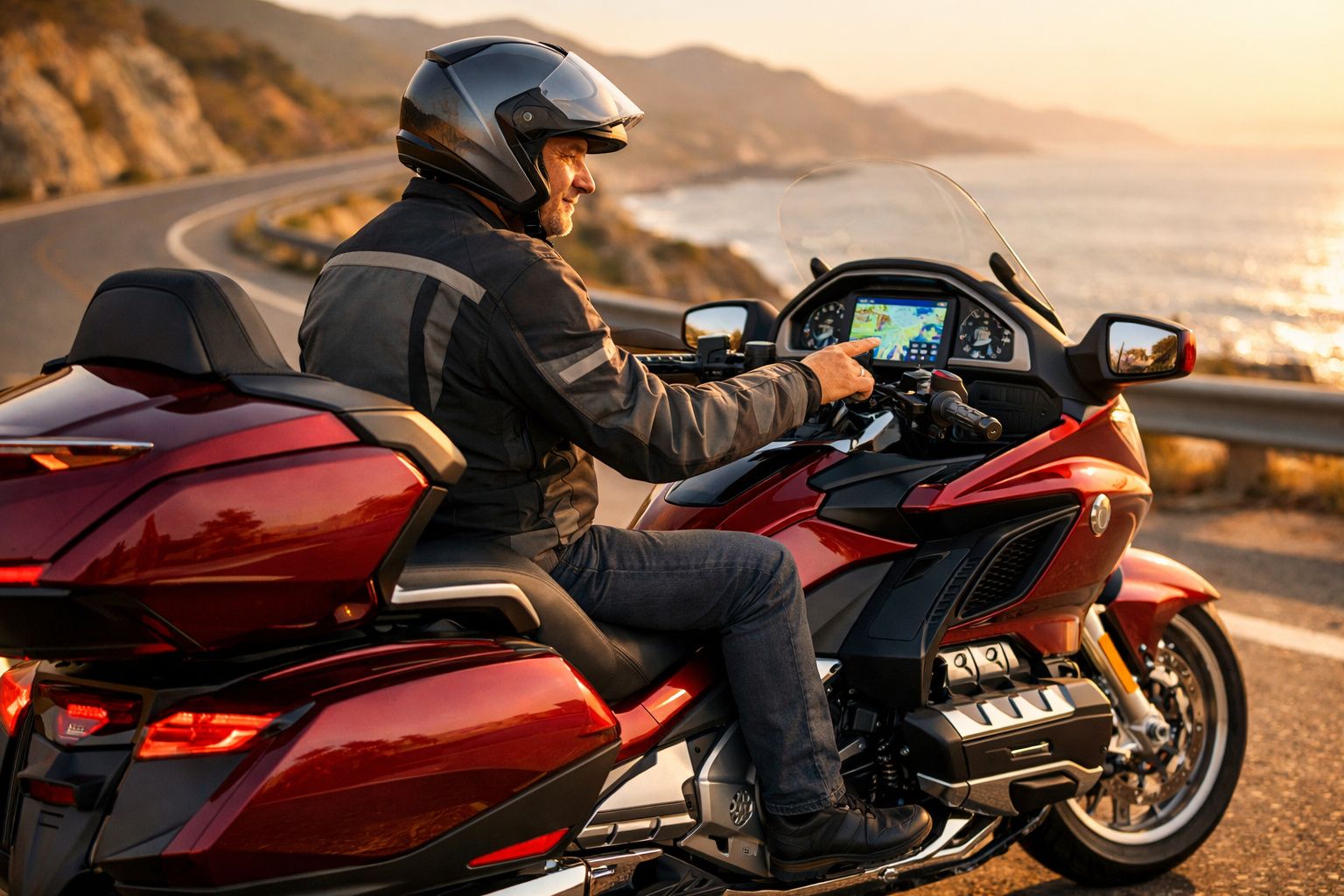 Homem com capacete a consultar GPS numa mota vermelha estacionada junto ao mar ao pôr do sol.