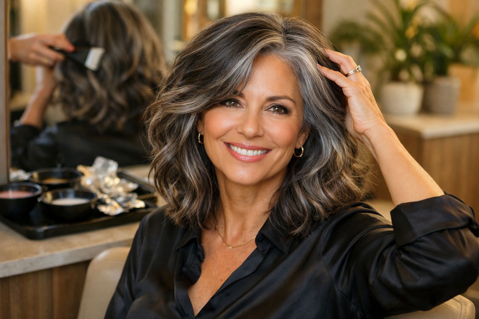 Mulher sorridente com cabelo grisalho ondulado, vestindo camisa preta, num salão de beleza.