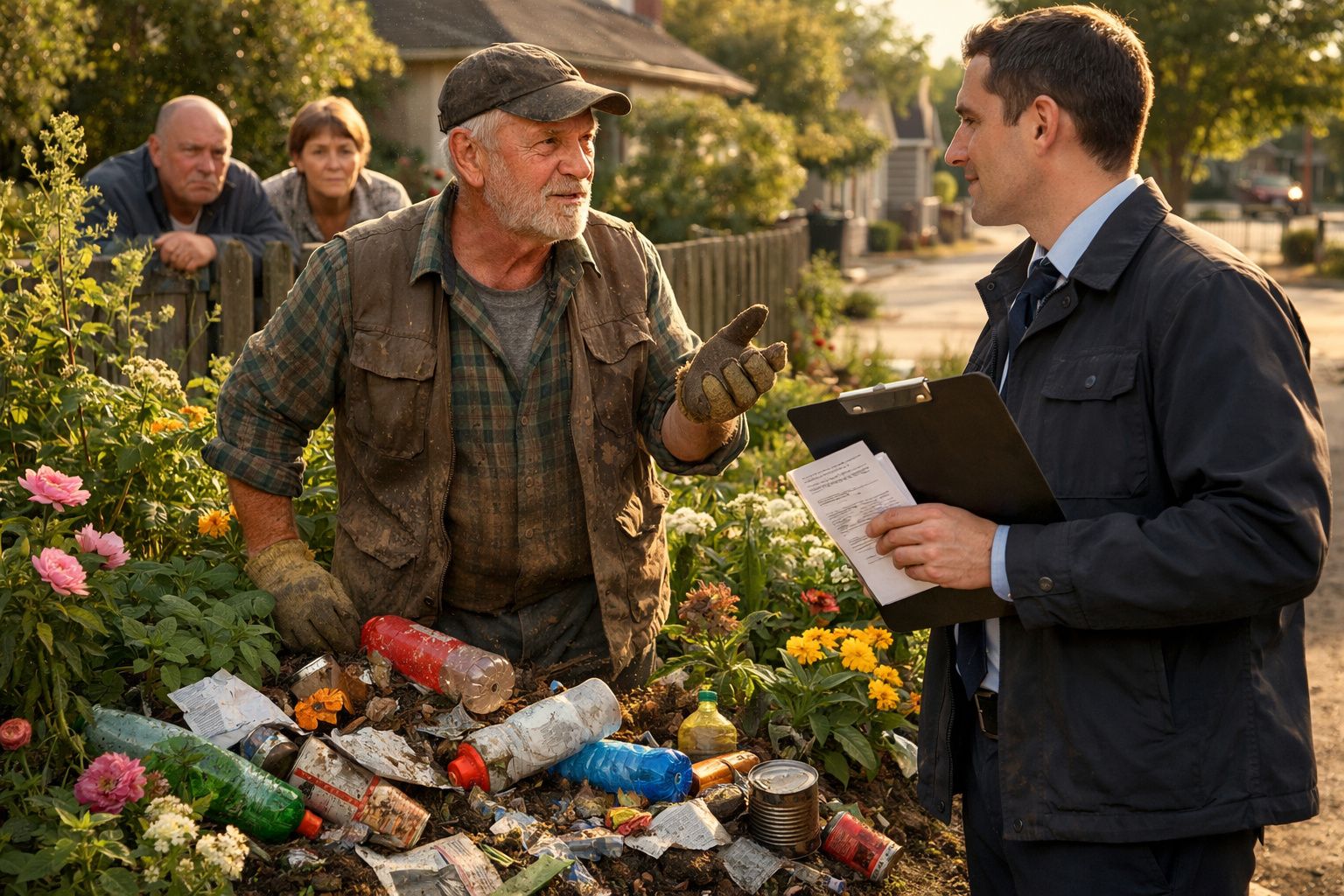 Homem idoso com roupa de jardinagem discute com inspetor que segura prancheta, enquanto outros observam.
