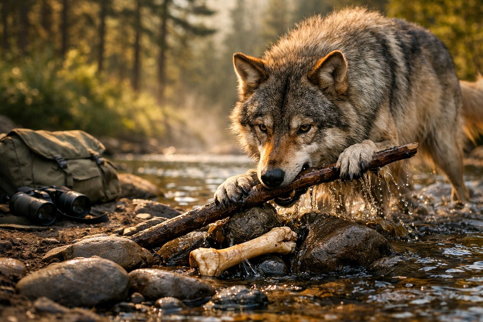 Lobo cinzento na água mordendo um pau com mochila e binóculos ao lado numa paisagem natural.