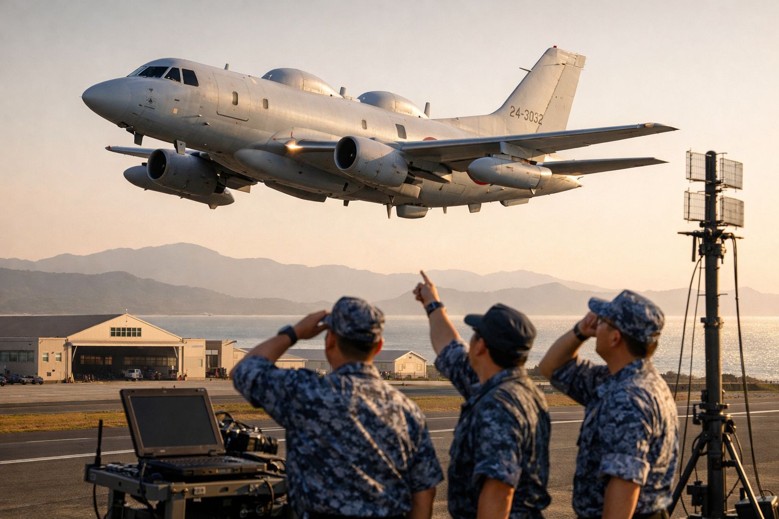 Três militares em uniforme camuflado observam avião militar cinzento a baixa altitude perto do mar ao pôr do sol.