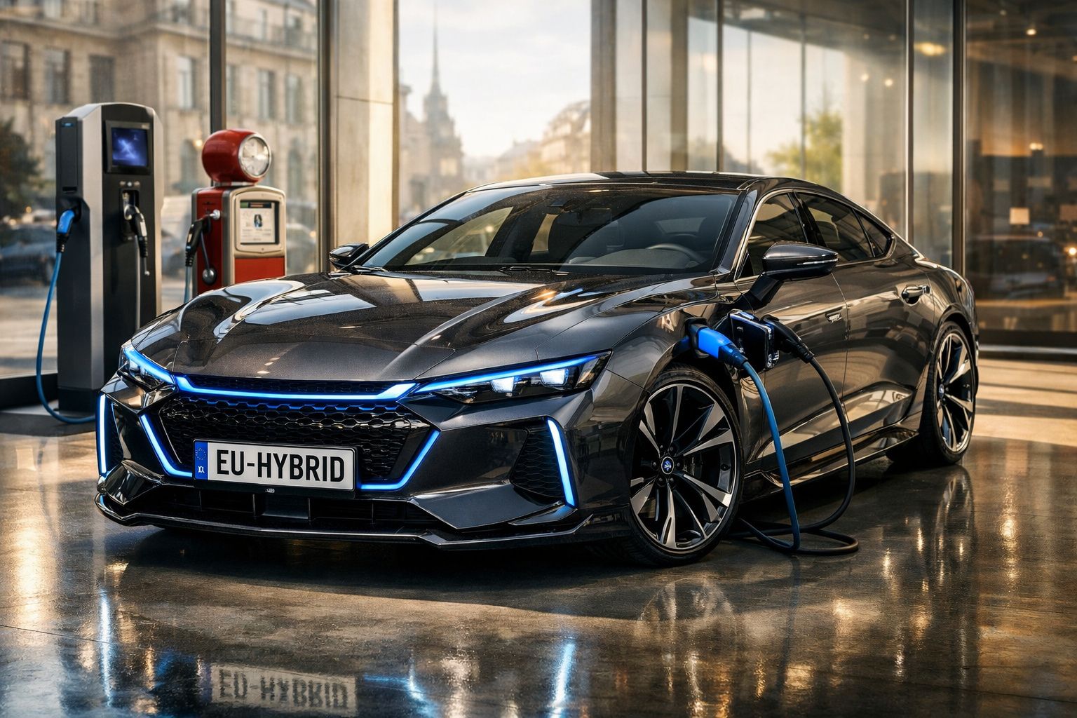 Carro híbrido moderno cinzento a ser carregado numa estação de carregamento elétrica interior urbana.