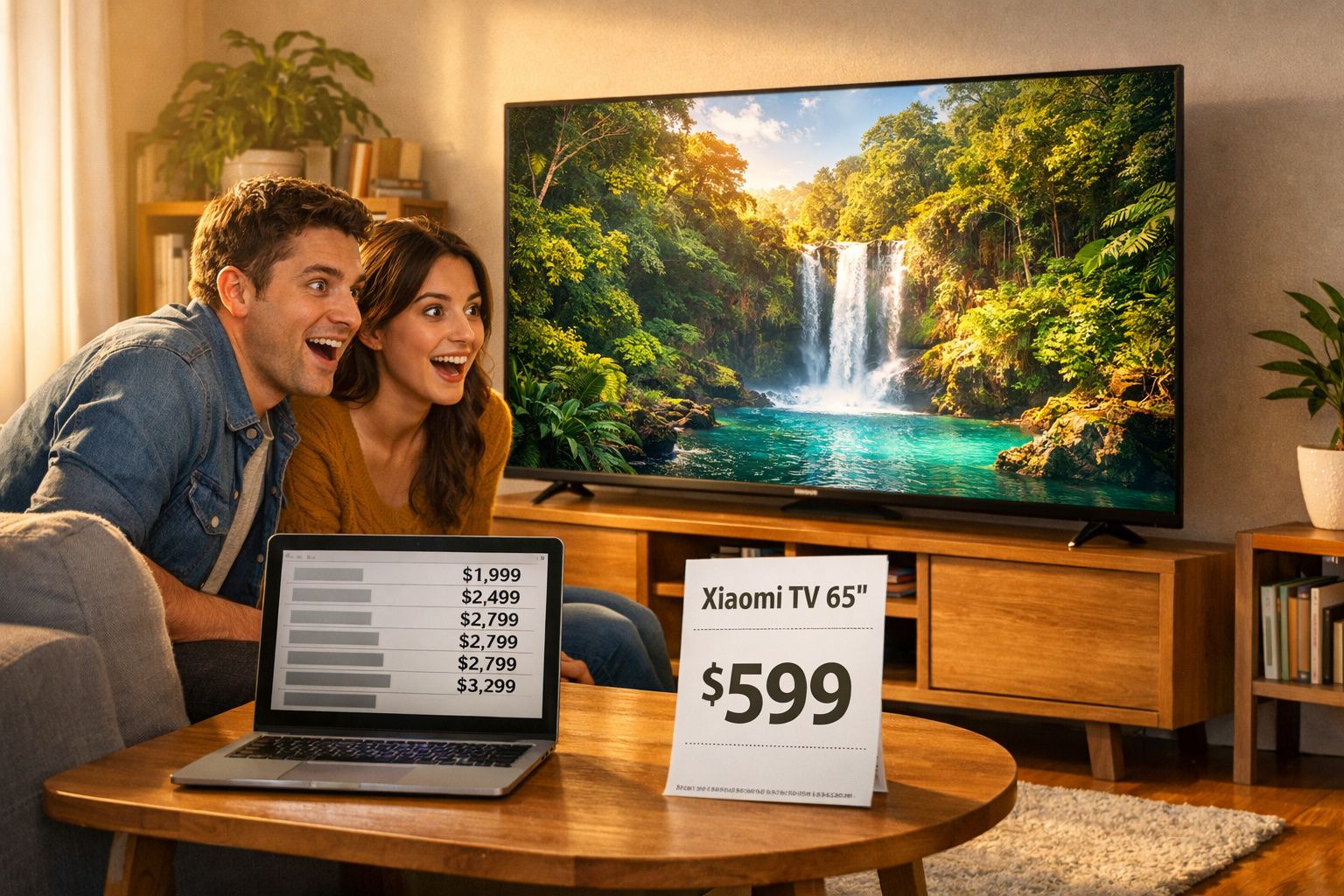 Casal entusiasmado a ver televisão Xiaomi 65" com imagem de cascata, preço em destaque na sala de estar.