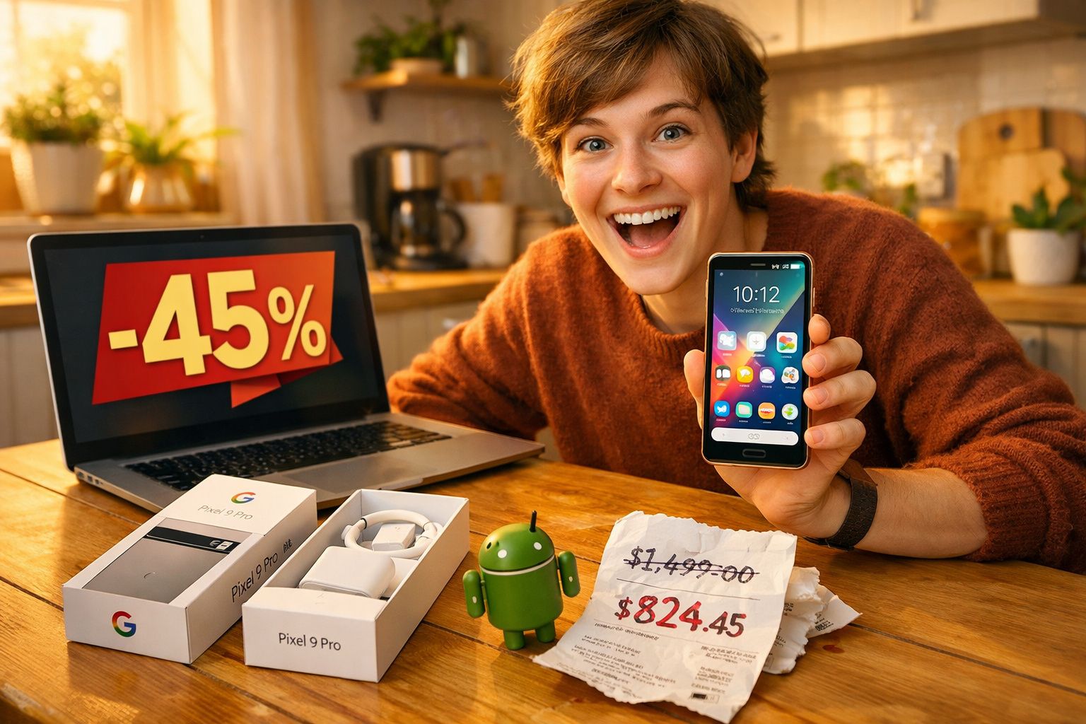 Pessoa sorridente mostra telemóvel com desconto de 45% e recibo com preço reduzido numa cozinha acolhedora.