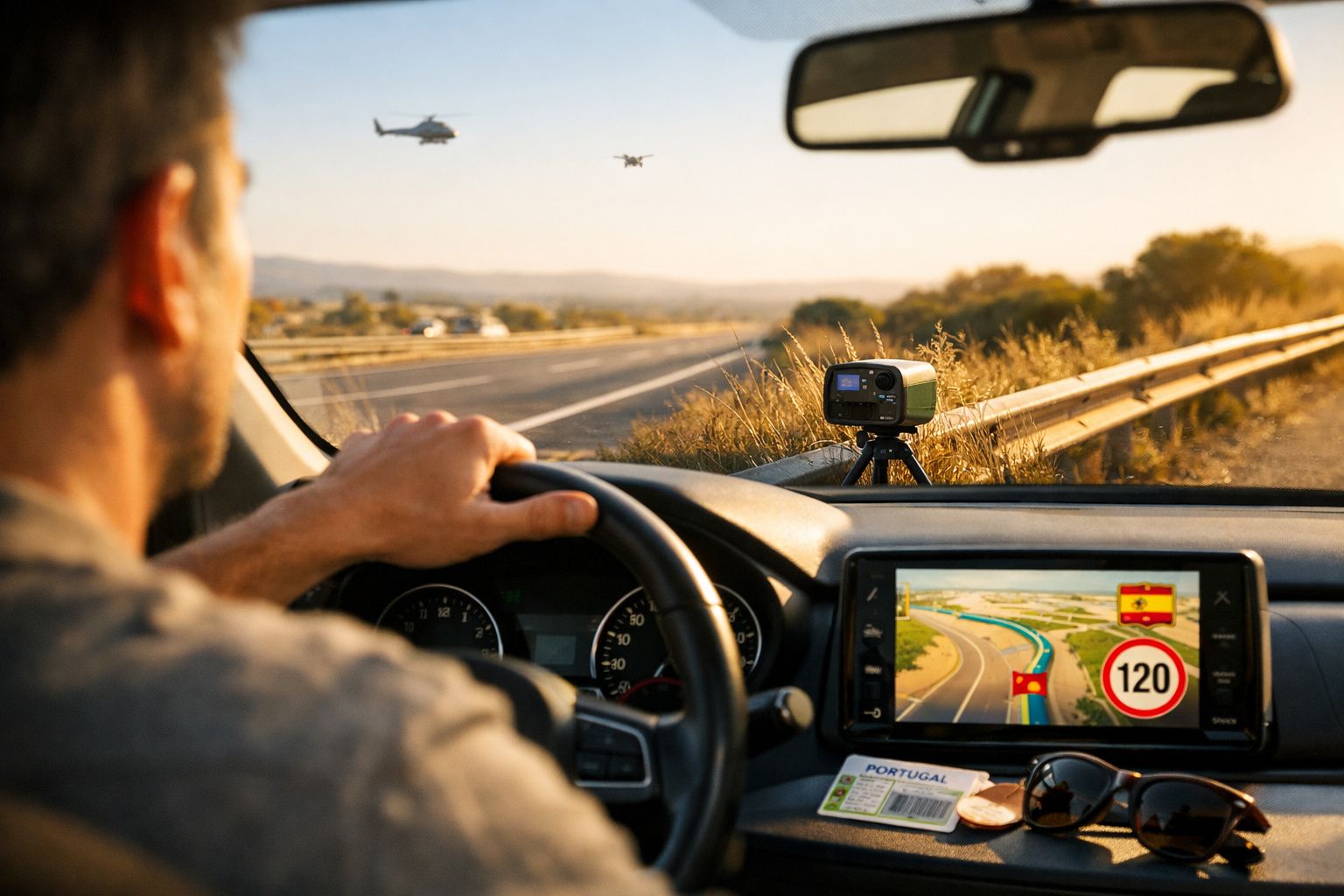 Homem a conduzir um carro com GPS digital e câmara instalada no tablier em estrada ao pôr do sol.