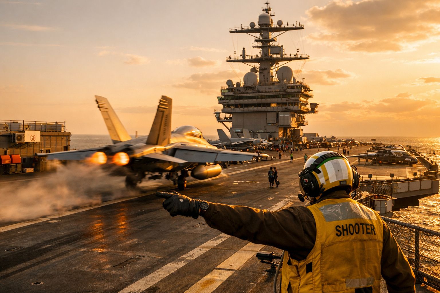 Caça descola de porta-aviões ao pôr do sol com militar a sinalizar no convés.