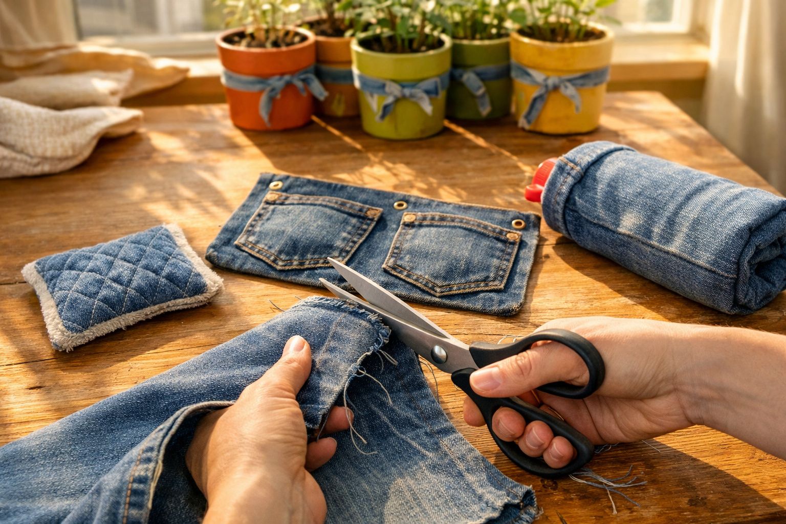 Pessoa a cortar tecido de ganga com tesoura, com bolsos de ganga e almofada de agulhas na mesa de madeira.