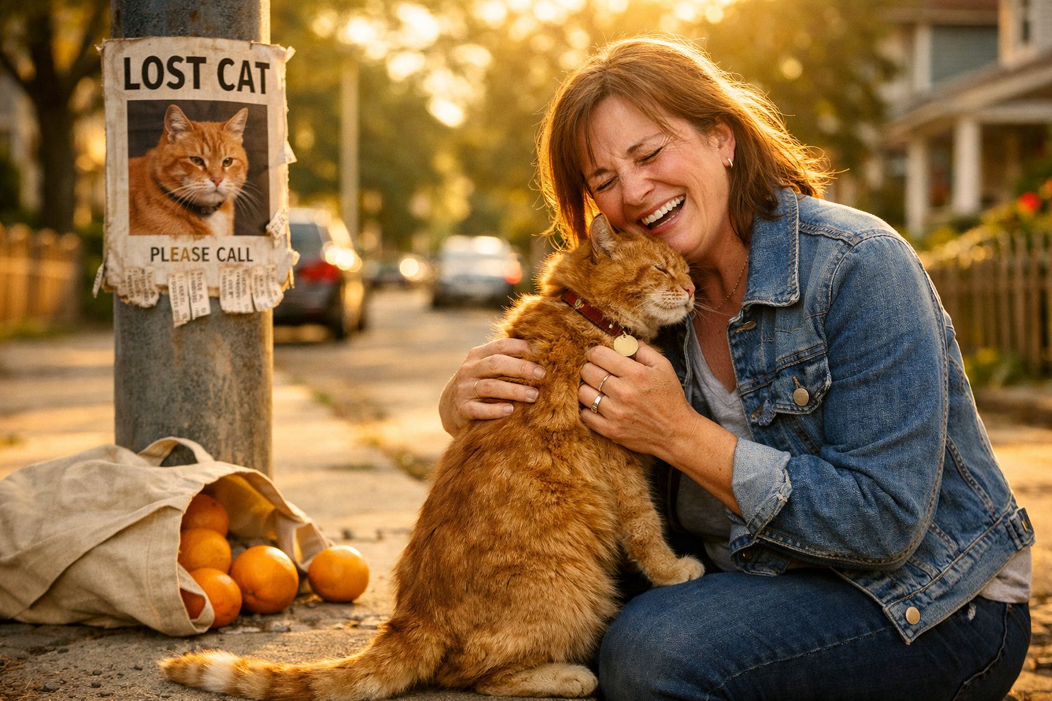 Mulher alegre abraça gato laranja na rua, junto a cartaz de gato perdido e saco de laranjas.
