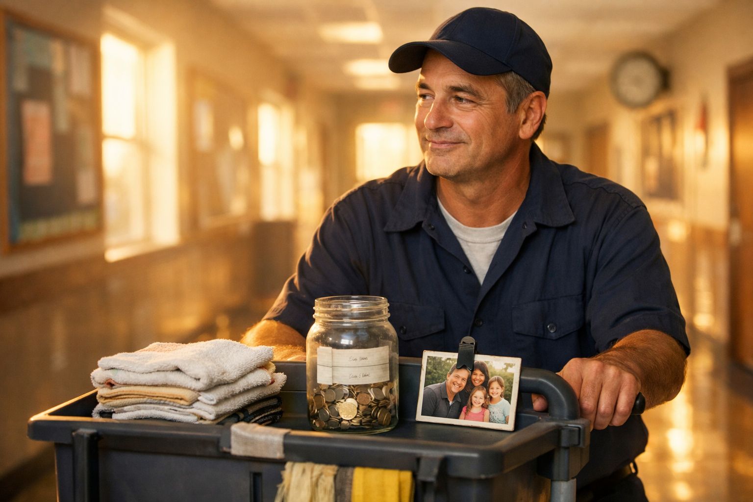 Homem com uniforme azul empurra carrinho com toalhas, frasco de moedas e foto de família num corredor iluminado.