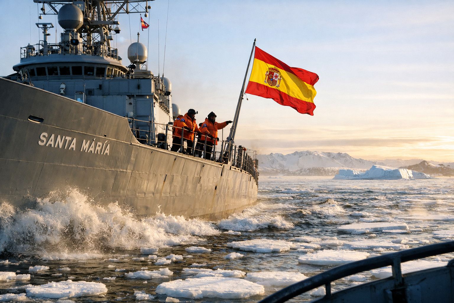 Navio de pesquisa espanhol Santa María navegando em águas geladas com icebergues ao fundo.