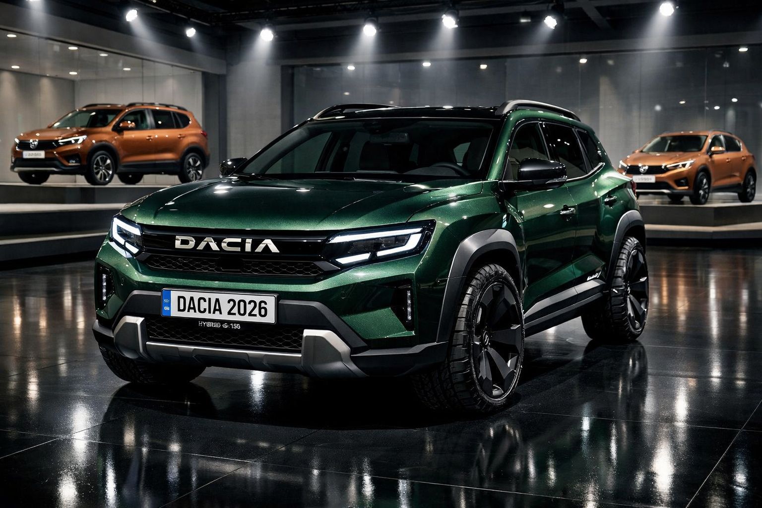 Carro SUV Dacia verde 2026 em destaque numa sala de exposições com dois carros laranja ao fundo.
