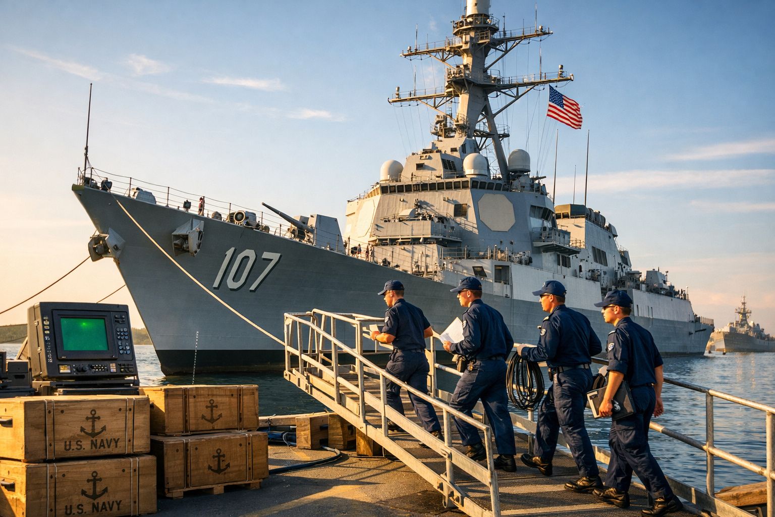 Quatro marinheiros da Marinha dos EUA a subir a passarela para um destróier de guerra cinzento com a bandeira americana.