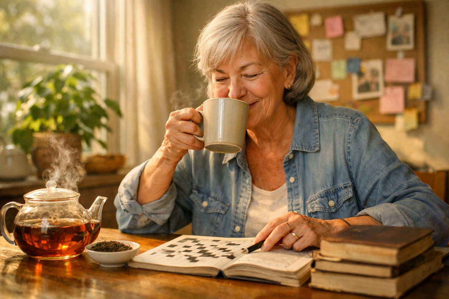 Mulher sénior a beber chá quente enquanto resolve palavras cruzadas numa mesa com livros e luz natural.