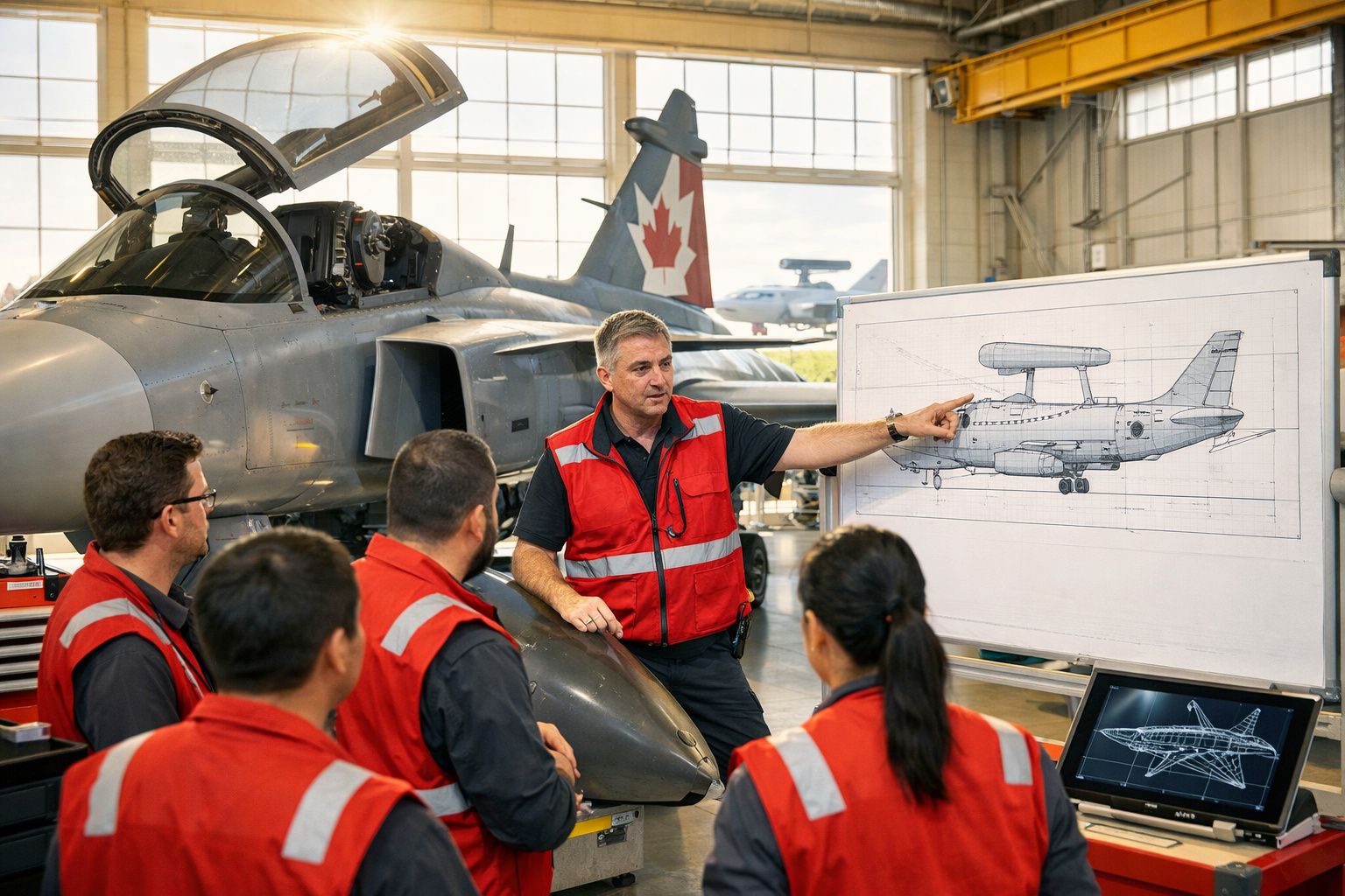 Técnico explica projeto de avião militar a equipa com uniforme vermelho dentro de hangar com jato canadiano.