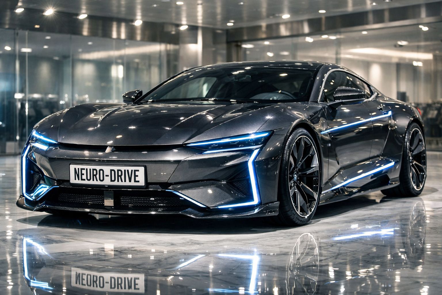 Carro desportivo elétrico preto com linhas futuristas e luzes LED azuis num espaço interior moderno.