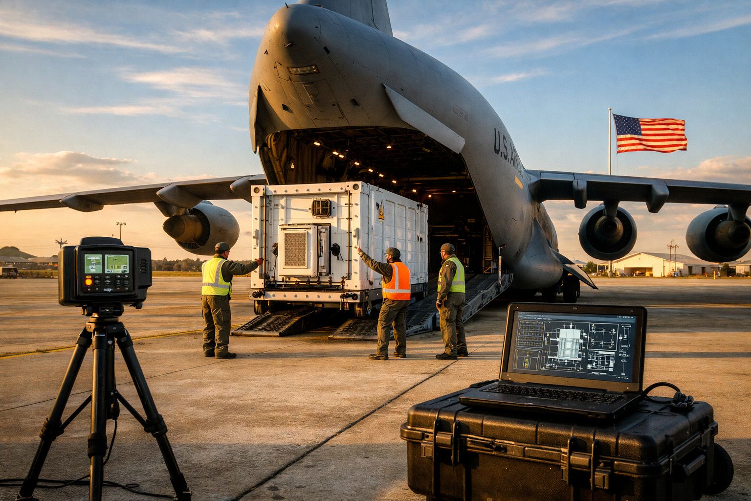 Soldados americanos coordenam carregamento de equipamento em avião militar C-5 Galaxy durante pôr do sol.