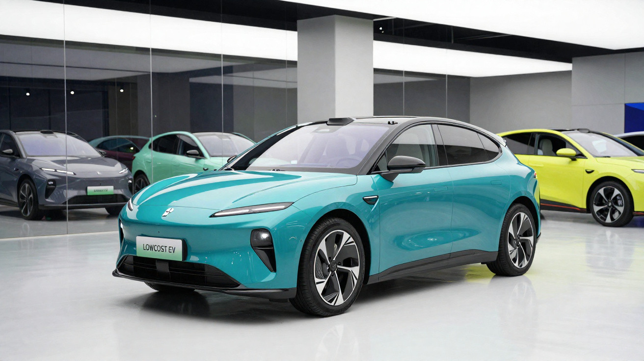 Carro elétrico azul turquesa em exposição numa sala moderna com outros carros ao fundo.