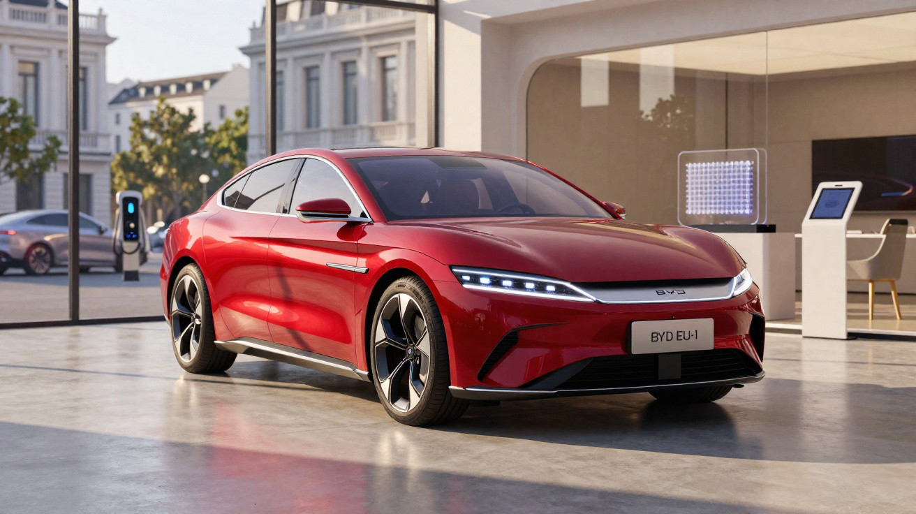 Carro elétrico vermelho BYD EU-1 estacionado em espaço moderno com carregador e edifícios ao fundo.