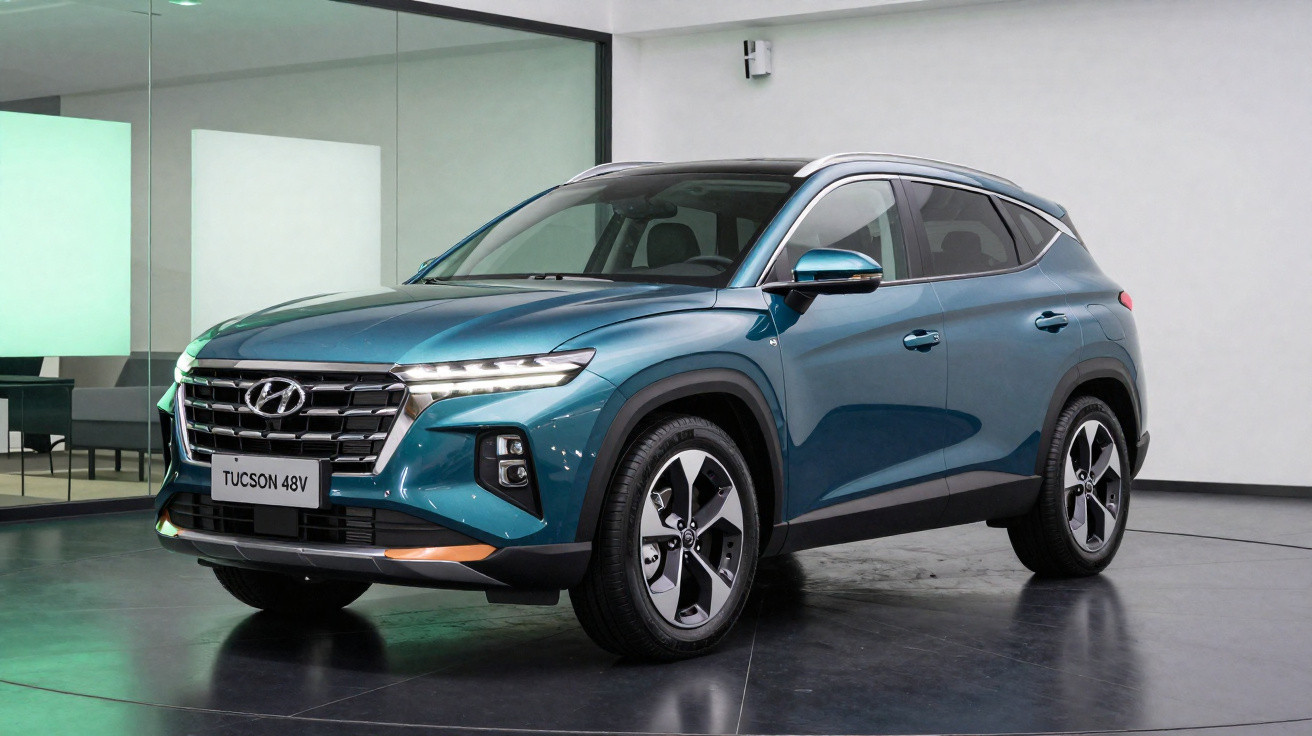 SUV Hyundai Tucson 48V azul estacionado em ambiente interior moderno e minimalista.