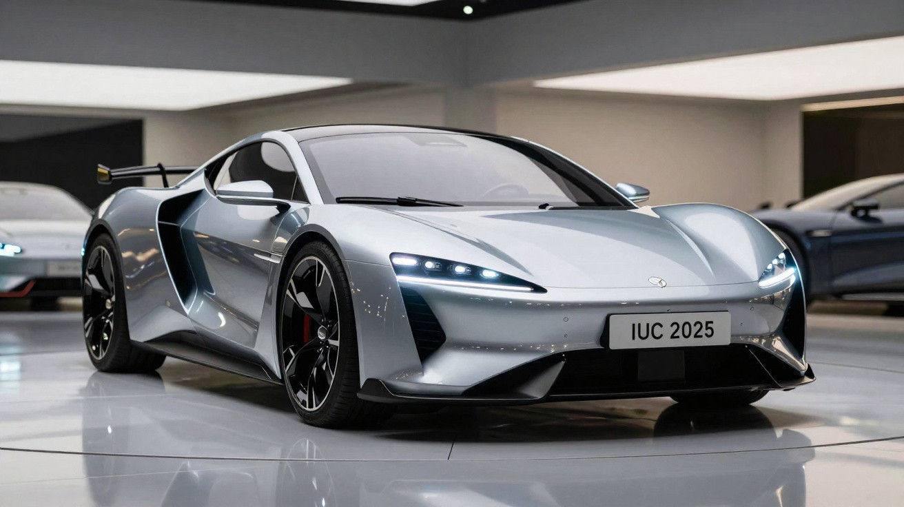 Carro desportivo prateado com design futurista e linhas aerodinâmicas exibido numa sala moderna.
