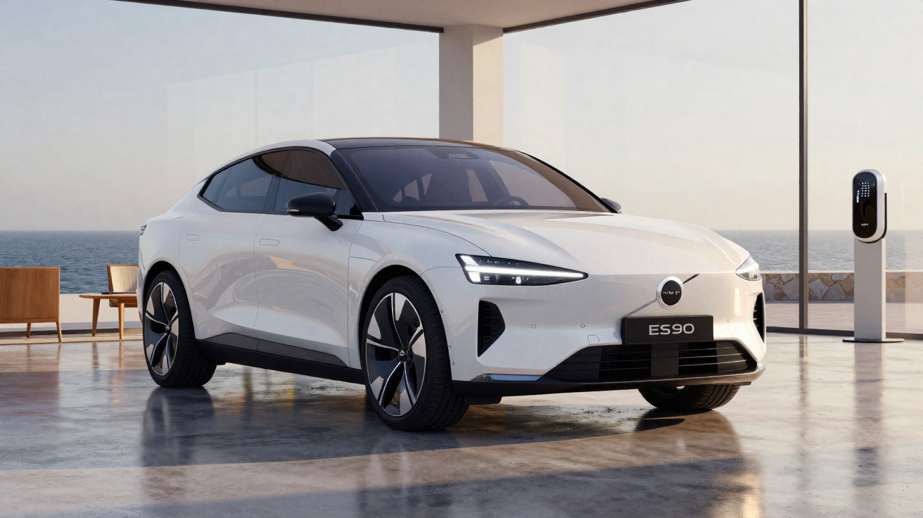 Carro elétrico branco modelo ES90 estacionado em garagem moderna com vista para o mar.