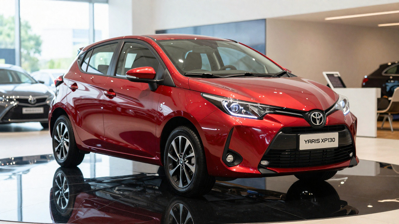 Carro Toyota Yaris XP130 vermelho exposto em showroom moderno com iluminação natural.