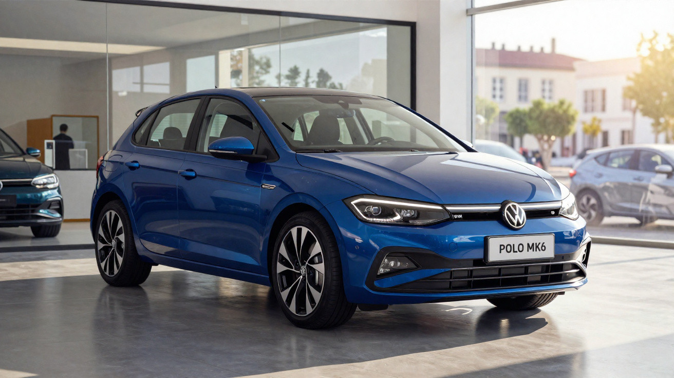 Volkswagen Polo MK6 azul estacionado dentro de showroom com janelas grandes e luz natural.