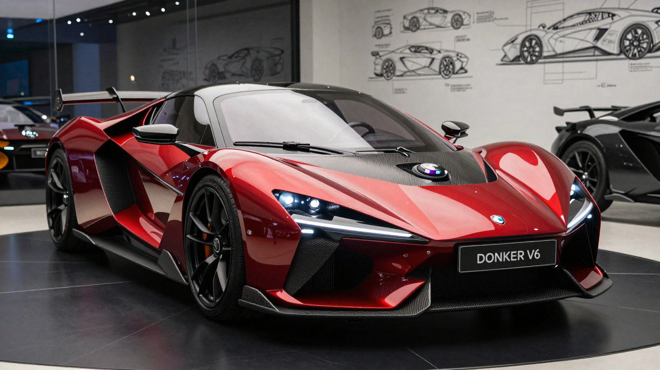 Carro desportivo vermelho brilhante Donker V6 em exposição com desenhos técnicos de carros na parede ao fundo.