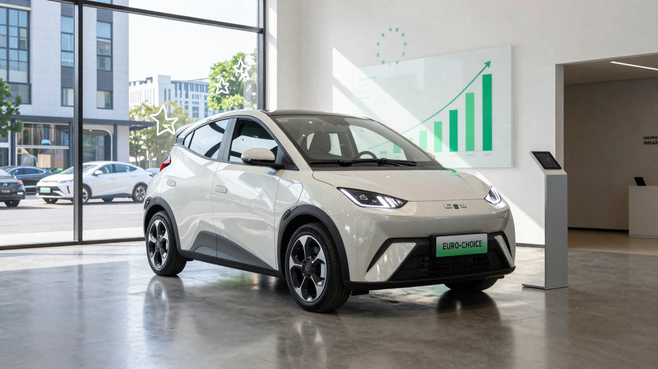 Carro elétrico branco em exposição numa sala moderna com grandes janelas e gráfico de crescimento em fundo.