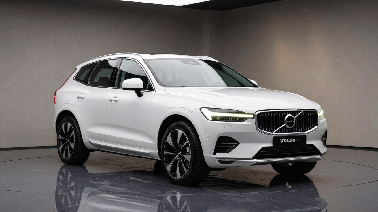 Carro SUV Volvo branco estacionado num estúdio moderno com luz difusa e chão espelhado.