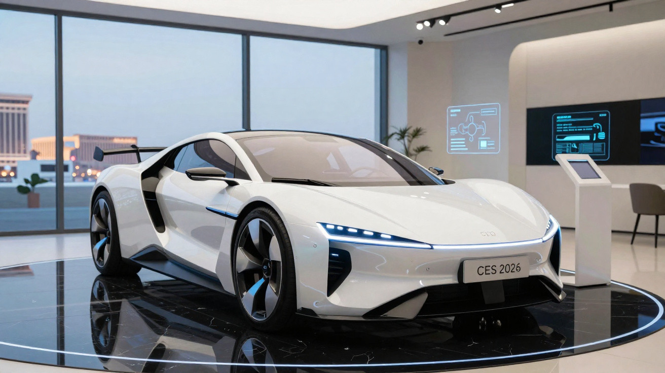 Carro desportivo elétrico branco moderno exposto num salão com janelas amplas e tecnologia digital.
