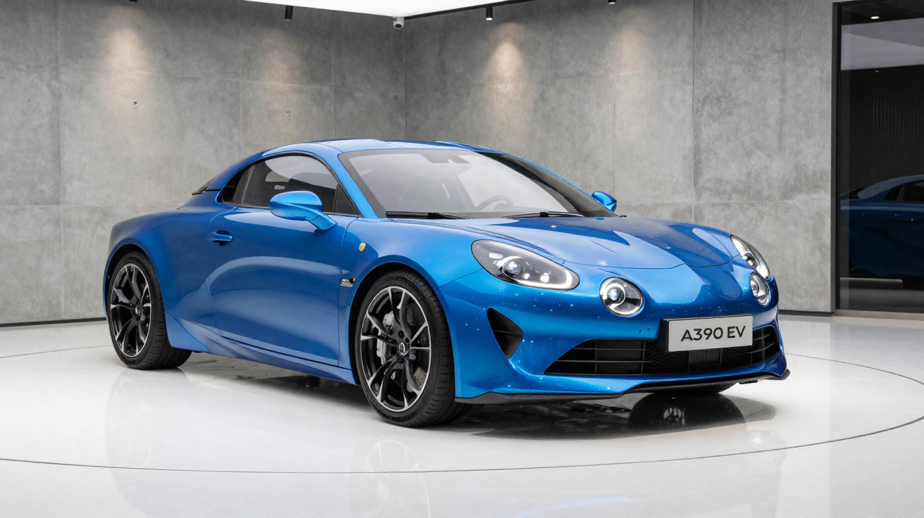 Carro desportivo elétrico azul Alpine A390 EV estacionado em piso brilhante com fundo de parede cinzenta.