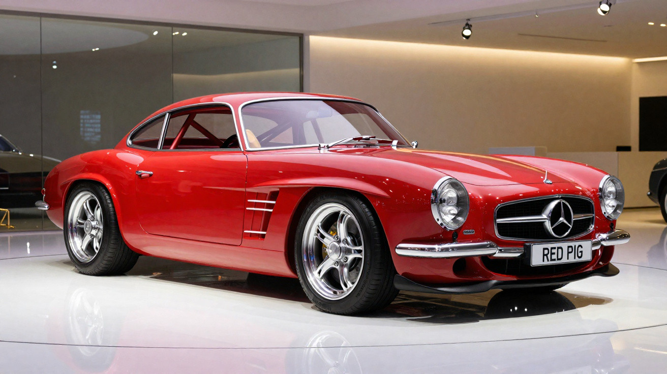 Carro desportivo clássico Mercedes-Benz vermelho em exposição num showroom iluminado.