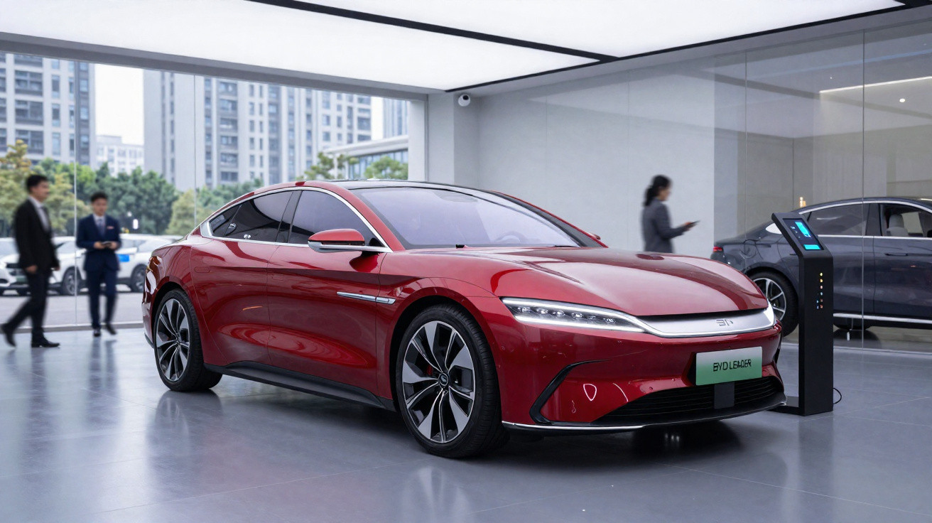 Carro elétrico desportivo vermelho brilhante exposto em showroom moderno com pessoas ao fundo.