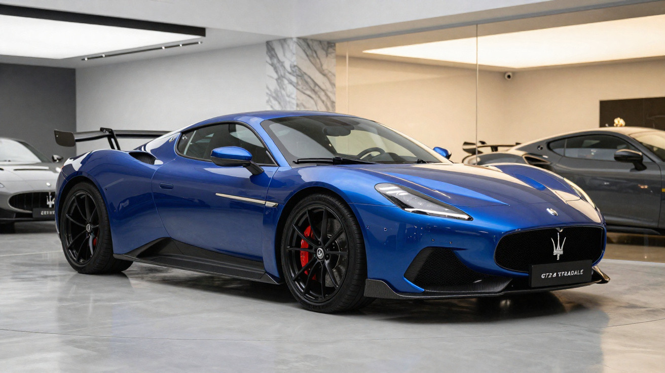 Carro desportivo azul Maserati MC20 GT da frente em showroom com chão cinzento refletor.