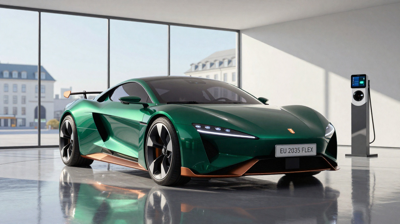 Carro desportivo elétrico verde com detalhes dourados estacionado em garagem moderna com estação de carregamento.