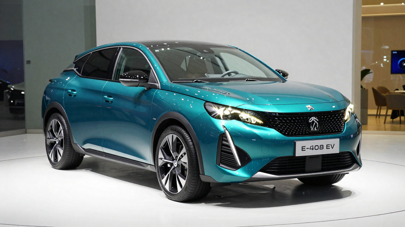 Automóvel elétrico Peugeot E-408 EV verde em exposição num salão automóvel.