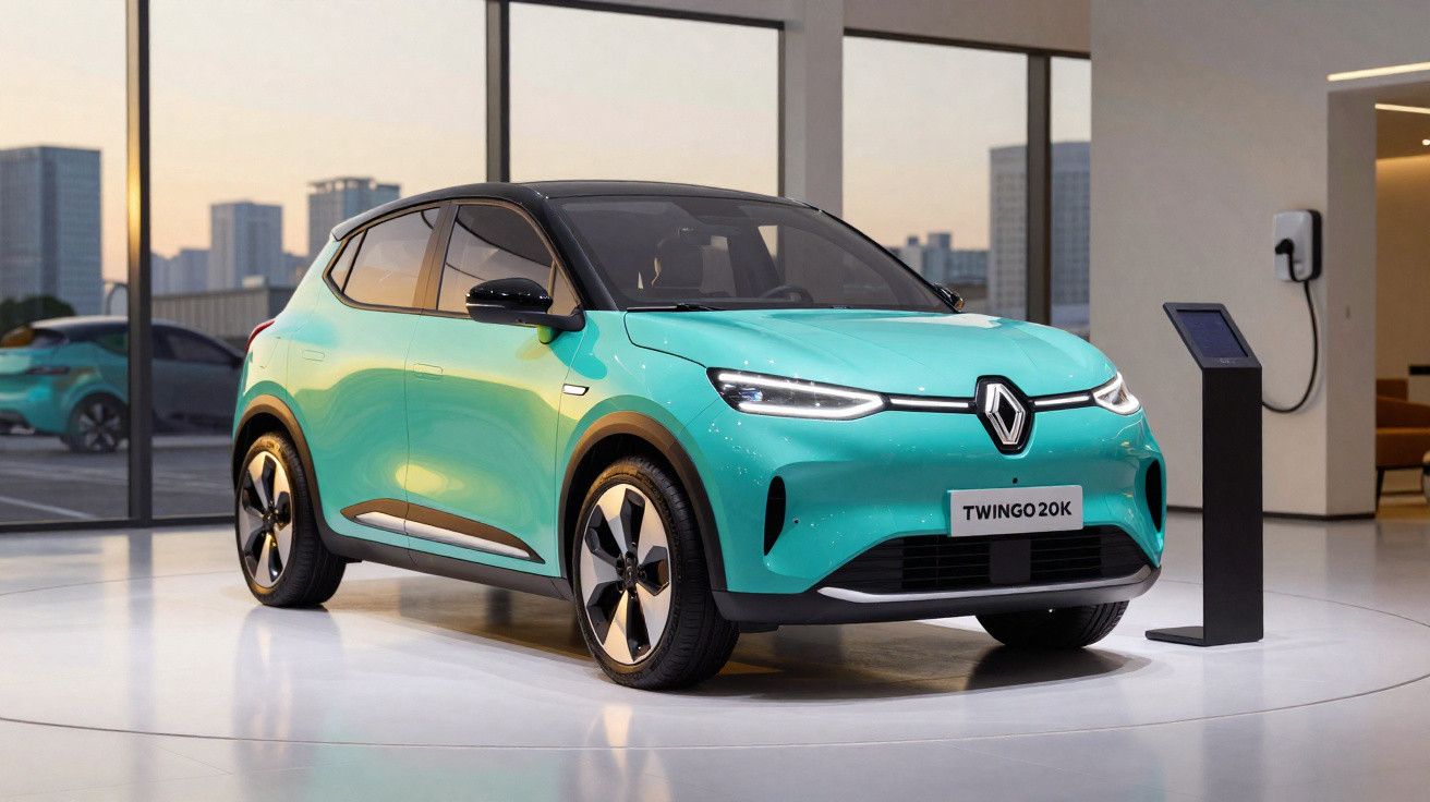 Renault Twingo 20K elétrico azul turquesa dentro de showroom moderno com estação de carregamento.