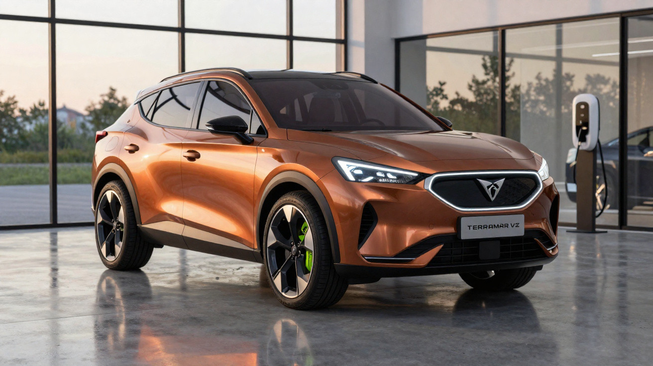 Carro elétrico moderno de cor bronze num espaço interior amplo com janela grande e estação de carregamento.