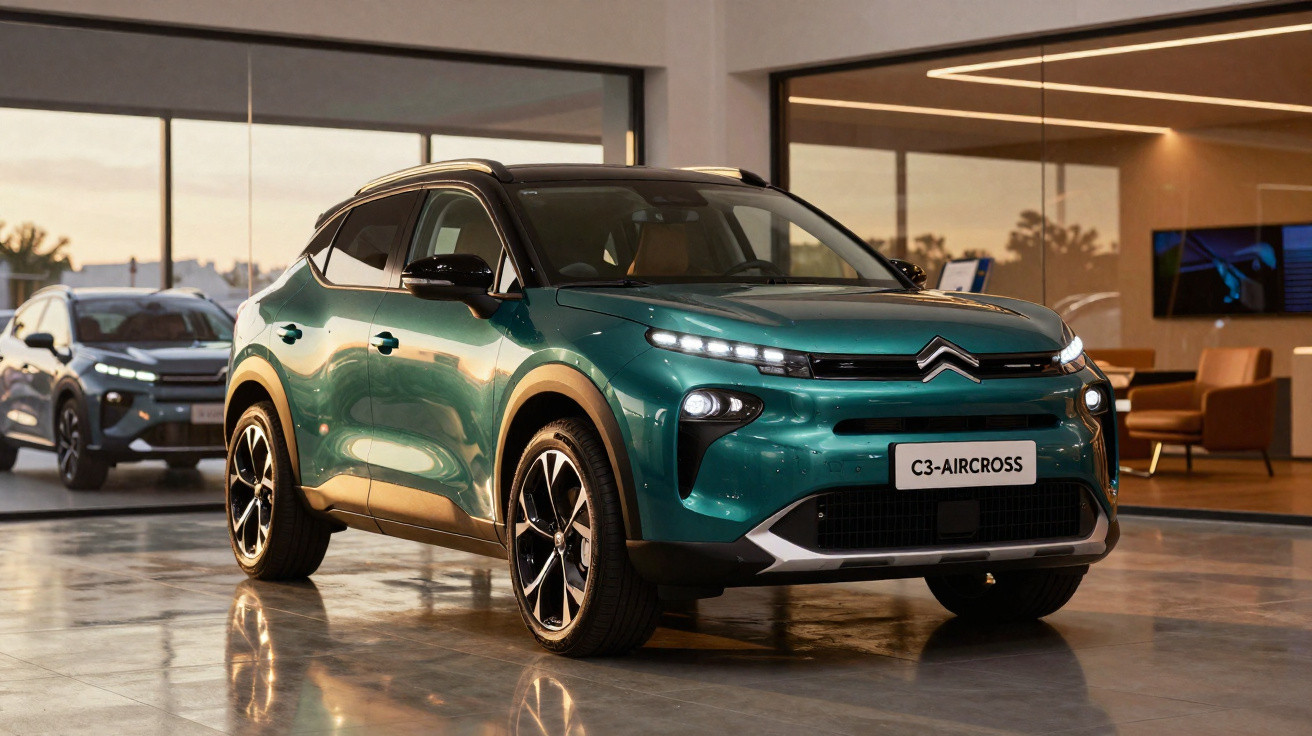 Carro Citroën C3 Aircross verde com jantes pretas e ambiente de showroom refletido no chão polido.