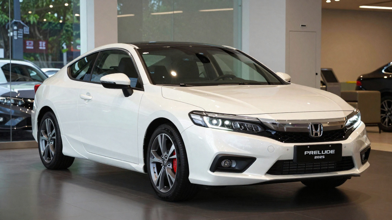Carro desportivo Honda Prelude 2023 branco em exposição numa sala de showroom.