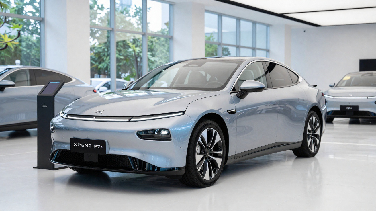 Carro elétrico cinza XPeng P7+ exposto em showroom moderno e iluminado.