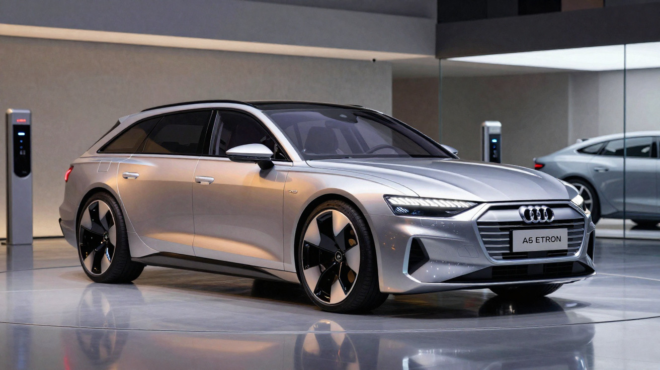 Audi A6 E-Tron prata estacionado em ambiente moderno com carregadores de veículos elétricos.