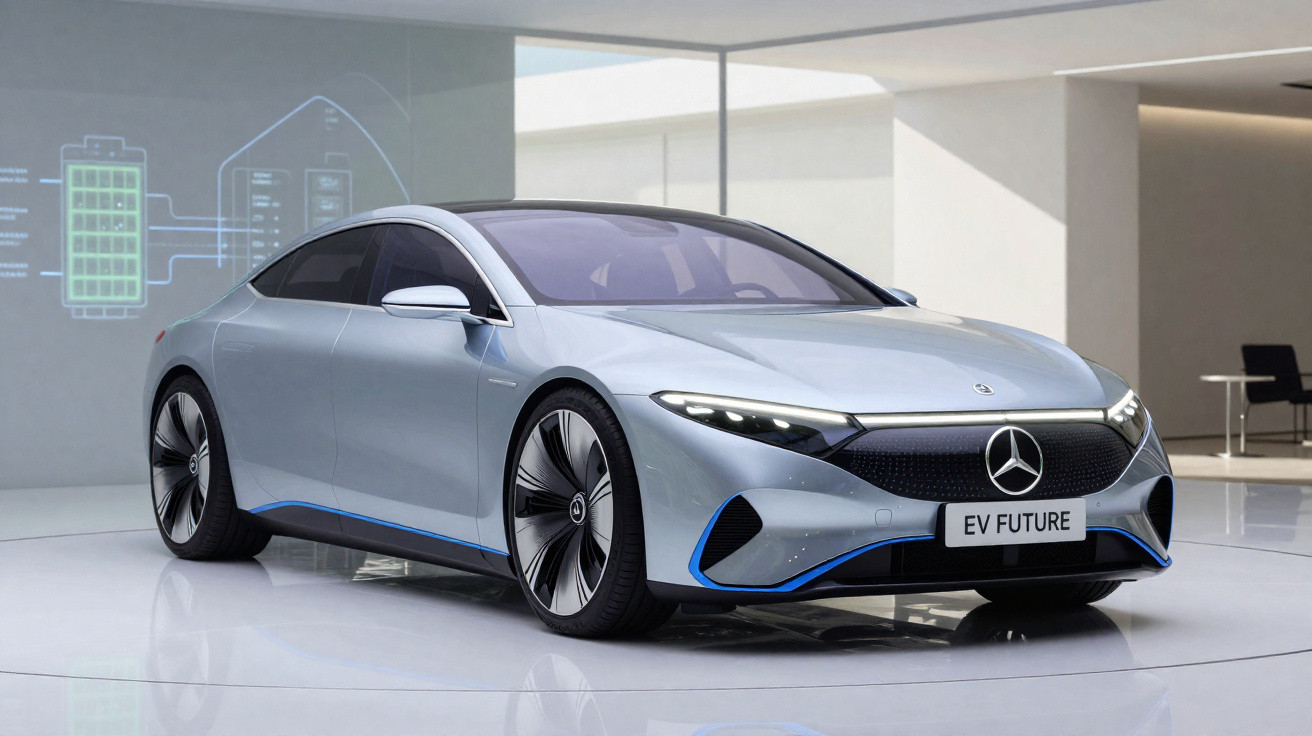 Carro elétrico Mercedes-Benz EV Future prateado exposto num espaço moderno e minimalista.