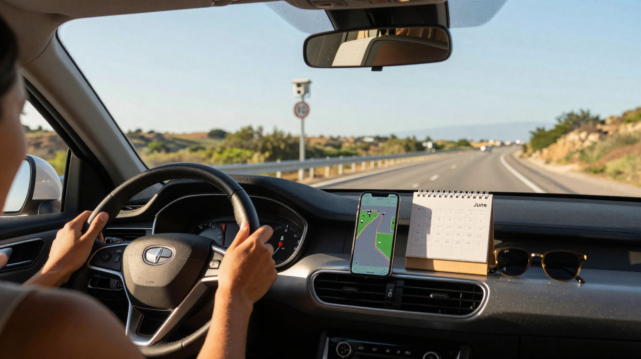 Pessoa a conduzir carro com GPS no telemóvel, calendário de junho e óculos de sol no tablier.