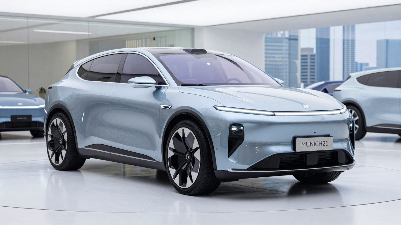 Carro elétrico moderno cinza claro estacionado em interior minimalista com janelas grandes e arranha-céus ao fundo.